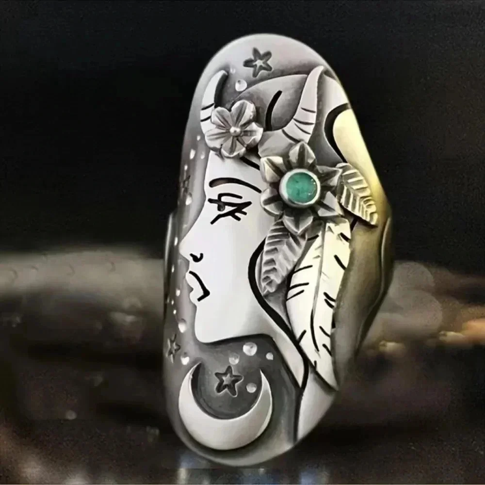Silver Bohemian Woman Face Silver Ring
